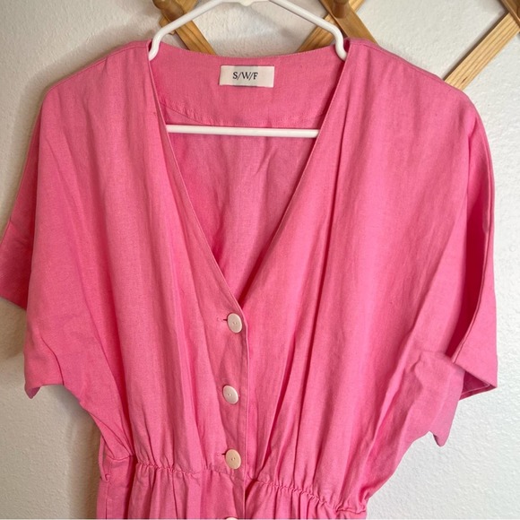 SWF Revolve Pink Linen Blend Button Front Short Sleeve Jumpsuit - Picture 3 of 8